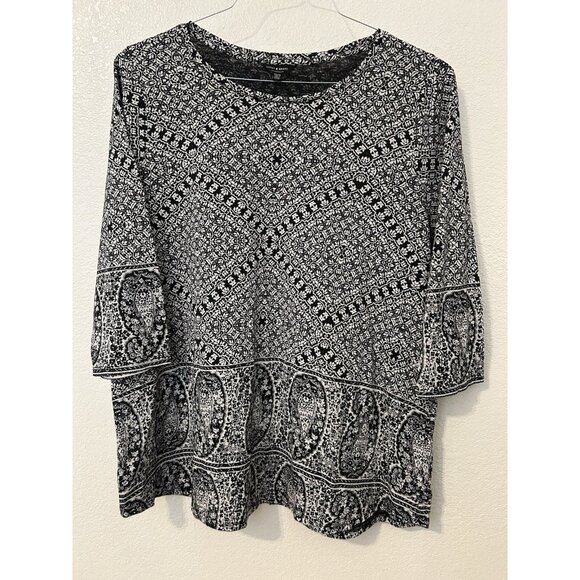 Lucky Brand Tops - Lucky Brand Black & White Knit Shirt 2X Soft Boho 3/4 Sleeve Paisley Geometric